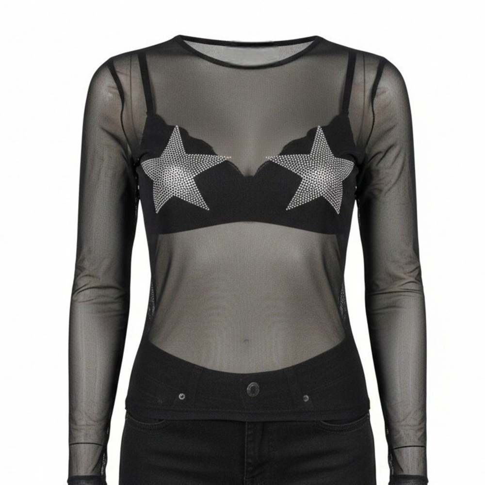 New Small Black Starry Night Sheer Jewel Long Sleeve Mesh Silver Long Sleeve Top